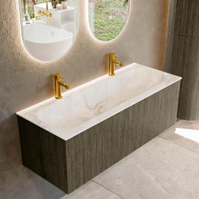 Badmeubel Mondiaz Kurve-Dlux | 120 cm cm | Meubelkleur Shadow | Wastafelkleur Frappe | Solid surface | Wasbak midden spoelbak | 2 kraangaten