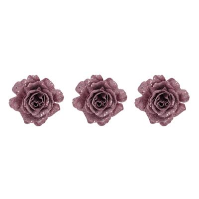 Kerstboomversiering Bloemen - 4x - 10 cm - roze glitter - op clip - ornament