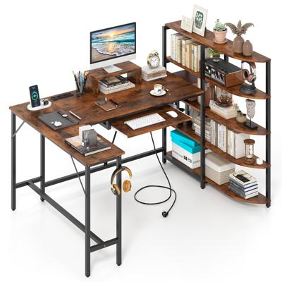 L-vormige Bureau met Opbergvakken Hoekcomputerbureau met Oplaadstation Gamingtafel Rustiek Bruin