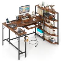 L-vormige Bureau met Opbergvakken Hoekcomputerbureau met Oplaadstation Gamingtafel Rustiek Bruin