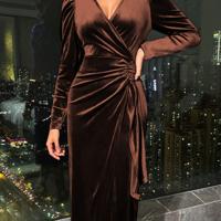 Bon&Bon Burgundy Velvet Wrap Dress - Elegant Long Sleeve Midi Coffee / M
