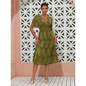 Dames Elegante jurk Geel Groen Korte mouw Jacquard Jacquard Lente zomer V-hals Elegante jurk Afspraakje Vakantie S M L