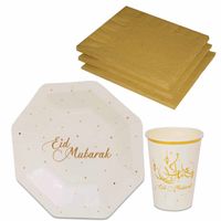 Tafel dekken Ramadan Mubarak feestartikelen wit/goud 16x bordjes/16x drink bekers/20x servetten Tafel dekken Ramadan Mubarak feestartikelen wit/goud 16x bordjes/16x drink bekers/20x servetten