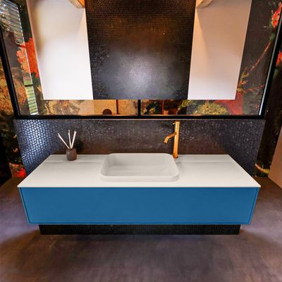 Badkamermeubelset Mondiaz Erin 150 cm met 1 Lade met RIDGE Wastafel Midden Linen met 1 kraangat Greeploos Mat Jeans