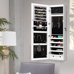 Juwelenkast met 15 LED-Verlichting Afsluitbare Hangende Spiegel Juwelendoos met Passpiegel 37 x 9,6 x 120 cm Wit