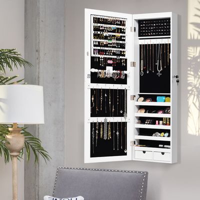 Juwelenkast met 15 LED-Verlichting Afsluitbare Hangende Spiegel Juwelendoos met Passpiegel 37 x 9,6 x 120 cm Wit
