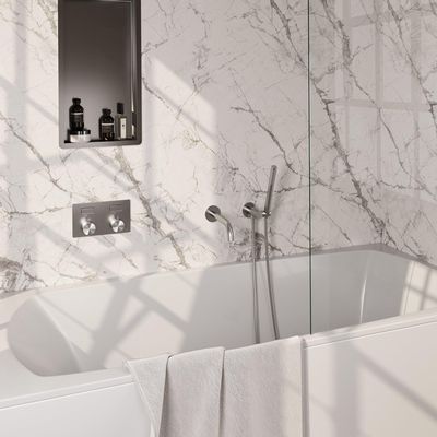 BRAUER Brushed Carving thermostatische inbouw badkraan - drukknoppen SET 03 - uitloop - staaf handdouche - doucheslang - wandaansluitbocht - RVS geborsteld PVD 5-NG-214