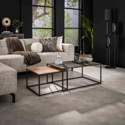 LifestyleFurn Salontafel 'Alsion' Acaciahout en leisteen, Set van 2 stuks