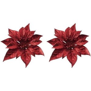 2x Kerstversieringen kerststerren bloemen rood op clip - Kersthangers