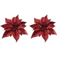 2x Kerstversieringen kerststerren bloemen rood op clip - Kersthangers - thumbnail