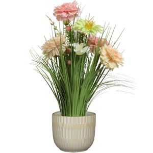 Kunstbloemen boeket roze - in pot lichtgrijs - keramiek - H40 cm