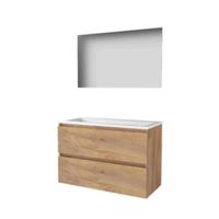 Basic-Line Ultimate 46 Badkamermeubelset - 100 x 46 cm - Greeploos - 2 Lades - Acryl Wastafel - Zonder Kraangat - Spiegel met Indirecte LED Verlichting - Whisky Oak