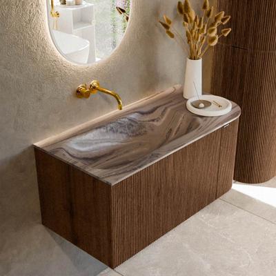 Badmeubel Mondiaz Kurve-Dlux | 95 cm | Meubelkleur Walnut | Wastafelkleur Sombra | Solid surface | Wasbak linker zijde spoelbak | Zonder kraangat(en)