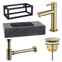 Fortifura Fuente fonteinset - 40x22x24.5cm - 1 kraangat - natuursteen - zwart frame - fonteinkraan messing geborsteld - zwart SW696238/SW696208/SW696218/SW373151/SW533192