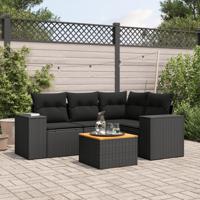 5-delige Loungeset met kussens poly rattan zwart