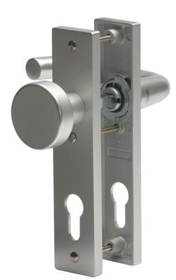 Nemef 3252 FP Rs Beslag kortschild afgerond | D kruk-knop | beslagset | geveerd | krukstift 8mm | F1 aluminium | PC72-PC72 | draairichting rechts -