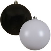 Kerstversieringen set van 6x grote kunststof kerstballen zwart en wit 14 cm glans