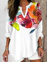 Loose Notched Floral Casual Shirt