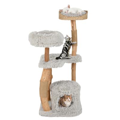 124cm Houten Krabpaal Kattenboom met Krabpalen Kattengrot Pluche Zitje & Zitplatform Kattenmeubels Kattenkrabpaal Grijs