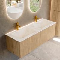 Badmeubel Mondiaz Kurve-Dlux | 130 cm | Meubelkleur Oak | Wastafelkleur Ostra | Solid surface | Dubbele spoelbak | 2 kraangaten Badmeubel Mondiaz Kurve-Dlux | 130 cm | Meubelkleur Oak | Wastafelkleur Ostra | Solid surface | Dubbele spoelbak | 2 kraangaten