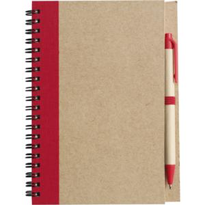 Notitie boekje/blok met balpen - harde kaft - beige/rood - 18 x 13 cm - 60 bladzijden gelinieerd