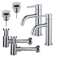 Fortifura Calvi Slim Wastafelkraanset - voor dubbele wastafel - lage wastafelkraan - klikwaste plug - verlaagde design sifon - Chroom 2x SW377812/2x SW696203/2x SW696219