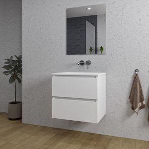 Adema Chaci Badkamermeubelset - 60x46x57cm - 1 keramische wasbak wit - zonder kraangaten - 2 lades - rechthoekige spiegel - mat wit SW1212762/SW773925/SW724610