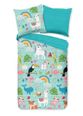Good Morning Kinderdekbedovertrek "dieren en regenbogen" - Aqua - (135x200 cm) - Katoen Good Morning Kinderdekbedovertrek "dieren en regenbogen" - Aqua - (135x200 cm) - Katoen