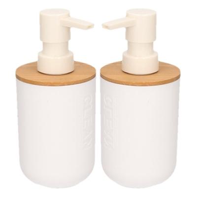 Zeeppompje/dispenser - 2x - wit - bamboe - 300 ml - keuken/badkamer/toilet