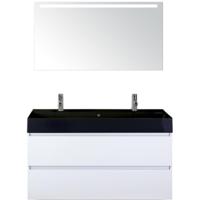 Maxx XL Badmeubelset 120 cm - Wit Hoogglans - Wastafel Kube Enkel Zwart 2 Kraangaten met LED Spiegel