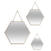 Atmosphera Wandspiegels - set van 3 spiegels - hexagon - metaal goud met ketting