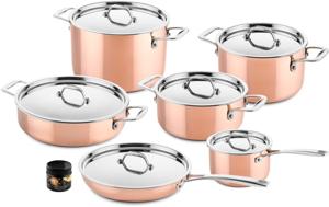 DUCQ Pannenset - Kookpan ø 20, 20, 24 cm & Steelpan ø 16 cm & Braadpan ø 28 cm & Koekenpan ø 26 cm + Deksels - Inductie - Koper - 6 Delig