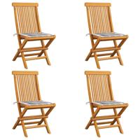 Tuinstoelen 4 st met grijs geruite kussens massief teakhout