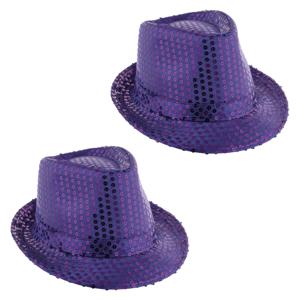 Carnaval verkleed hoedje - 2x - Trilby - paars - glitter pailletten - heren/dames - Carnaval