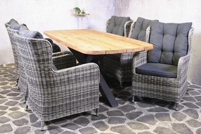 Tuinset Puerto - 6 wicker stoelen met teakhouten tafel - Showmodel Hoofddorp- - Steigerhout,Teak,Wicker- Sens-Line