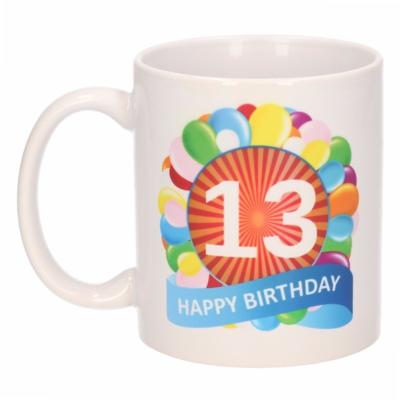 13 jaar Verjaardag koffiemok - cadeau beker - feestelijke ballonnen print - 300 ml - keramiek - wit