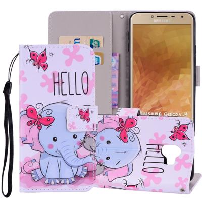 Vlinder olifant patroon gekleurde tekening horizontaal flip lederen Case voor Galaxy J4 (EU versie) (2018), met houder & kaartsleuven & portemonnee &