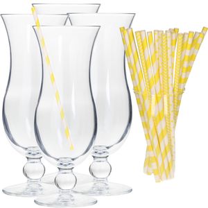 Cocktail set van 4x cocktail glazen en 100x rietjes - 440 ml - geel