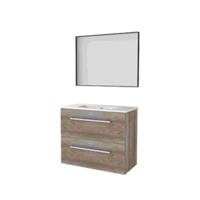 Basic-Line Framed 39 Badkamermeubelset - Ondiep - 80 x 39 cm - Greeploos - 2 Lades - Keramische Wastafel - 1 Kraangat - Spiegel met Zwart Aluminium Frame - Scotch Oak