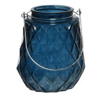 Theelichthouders/waxinelichthouders ruitjes glas donkerblauw met metalen handvat 11 x 13 cm