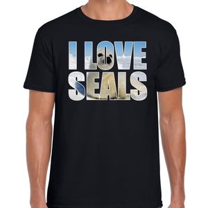 Tekst t-shirt I love seals met dieren foto van een zeehond zwart voor heren