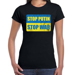 Stop putin stop war t-shirt zwart dames - Oekraine shirt met Oekraiense vlag