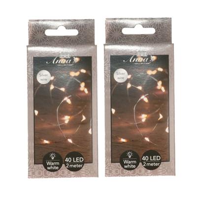 Draadverlichting lichtsnoer - 2x - 40 led lampjes - warm wit - zilver draad - 200 cm - lichtdraad