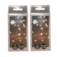 Draadverlichting lichtsnoer - 2x - 40 led lampjes - warm wit - zilver draad - 200 cm - lichtdraad