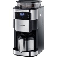 Severin Filterkaffeemaschine mit Mahlwerk und Edelstahl-Thermokanne, Koffiezetapparaat Zwart, RVS (geborsteld) Capaciteit koppen: 8 Display, Met thermoskan,