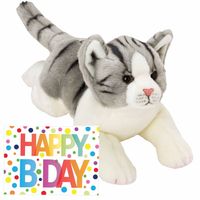 Pluche knuffel grijs/witte kat/poes 33 met A5-size Happy Birthday wenskaart - Knuffel huisdieren - thumbnail