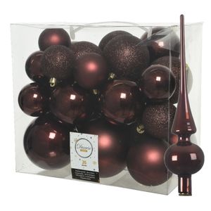 Set van 26x stuks kunststof kerstballen incl. glazen piek glans mahonie bruin