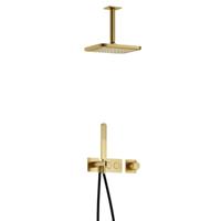 Hotbath Gal - Inbouw Regendoucheset - Geborsteld Messing PVD - Thermostatisch - Plafondbuis 15 cm - Hoofddouche 220 mm - Staafhanddouche