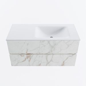 MONDIAZ VICA 100cm badmeubel onderkast Carrara 2 lades. Wastafel CLOUD rechts zonder kraangat, kleur Talc.