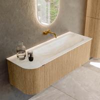 Badmeubel Mondiaz Kurve-Dlux | 135 cm | Meubelkleur Oak | Wastafelkleur Ostra | Solid surface | Rechts spoelbak | Zonder kraangat(en)